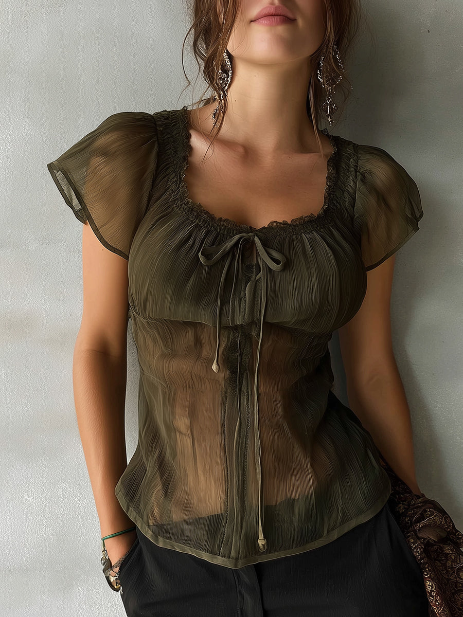 Retro Tie Neckline Pleated Chiffon Blouse