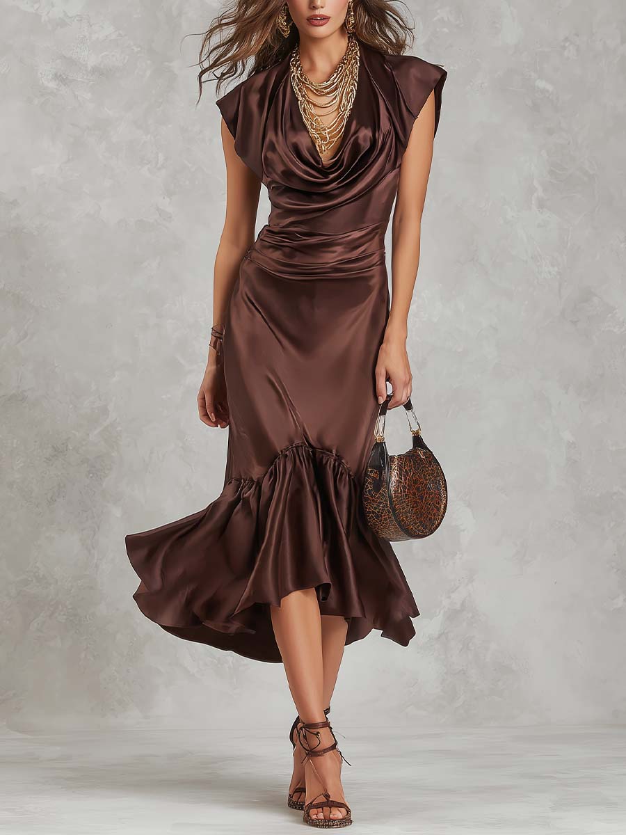 Elegant Vintage Draped Satin Midi Dress