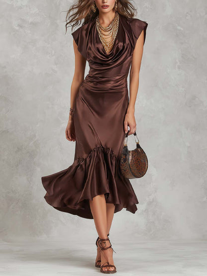 Elegant Vintage Draped Satin Midi Dress
