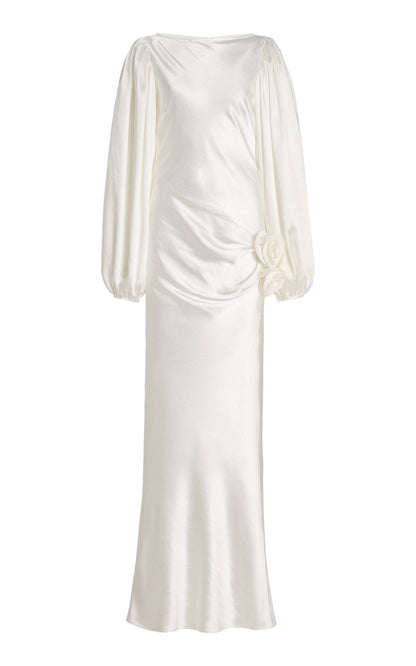 Vivir Baloon-Sleeve Rose-Detailed Hammered-Satin Maxi Dress