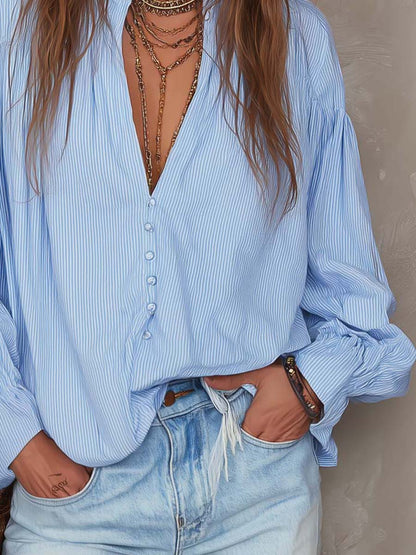 Vintage Drop-shoulder Ruffle Cuffs Striped Blouse