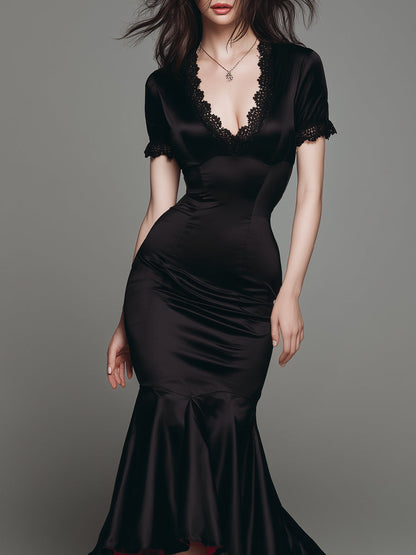 Elegant Satin Red Lined Fishtail Maxi Dress With Lace Trim