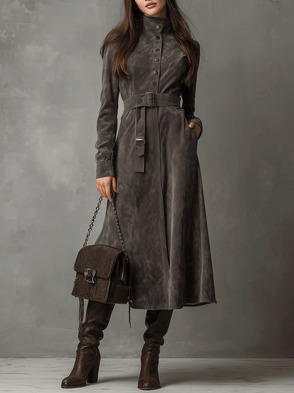High Neck Belted Suede Midi Dress