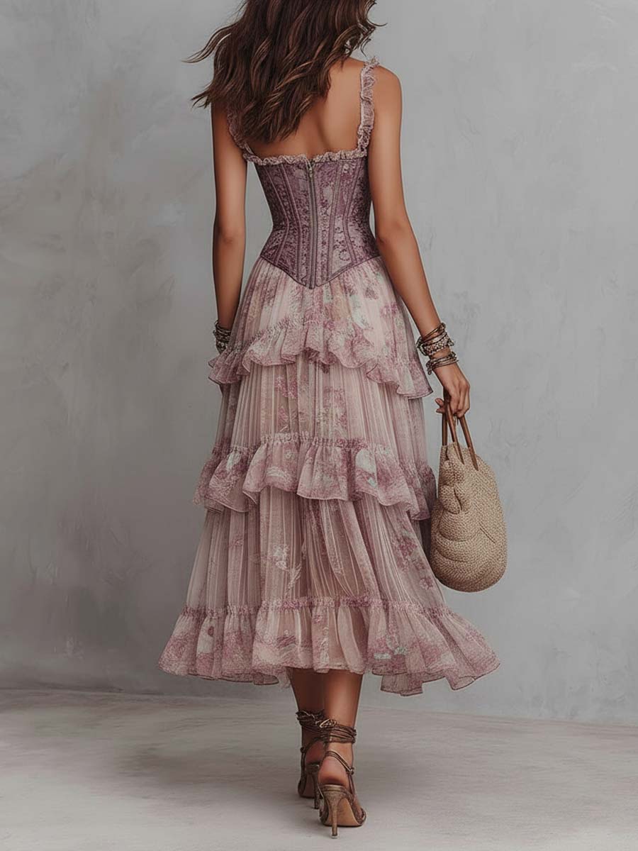 Bohemian Corset Tiered Chiffon Floral Midi Dress