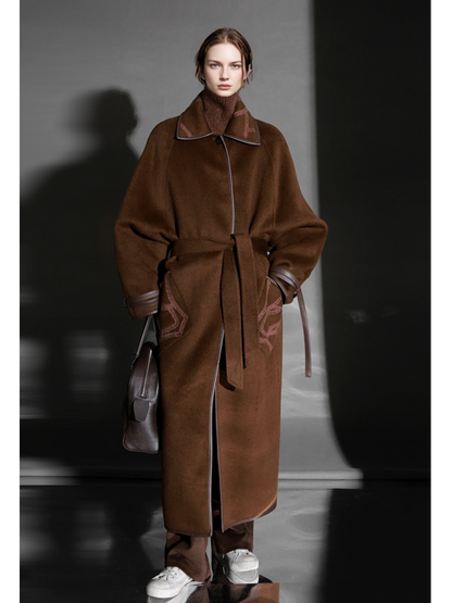 Chain Pattern Wool Coat for Women – Double-Faced Alpaca Wool Overcoat with Leather Trim, Chic Oversized Silhouette Winter Outerwear