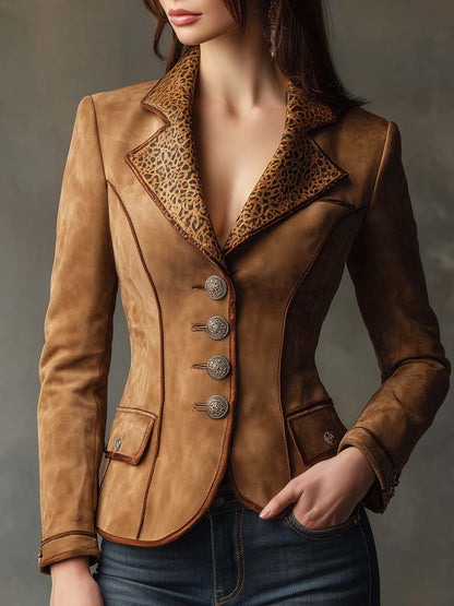 Retro Leopard Print Collar With Contrasting Trim On Polyester Suede Blazer