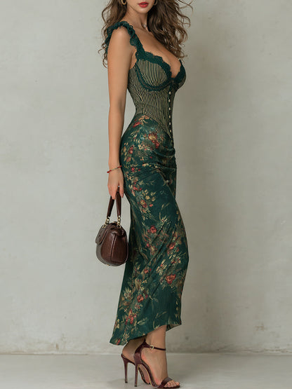 Vintage Lace Trim Striped Flower Print Maxi Dress