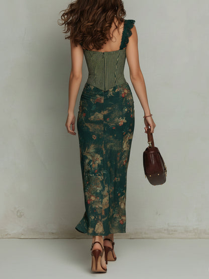 Vintage Lace Trim Striped Flower Print Maxi Dress