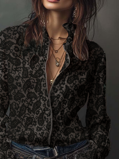 Retro Paisley Flocked Knitted Zipper Blouse