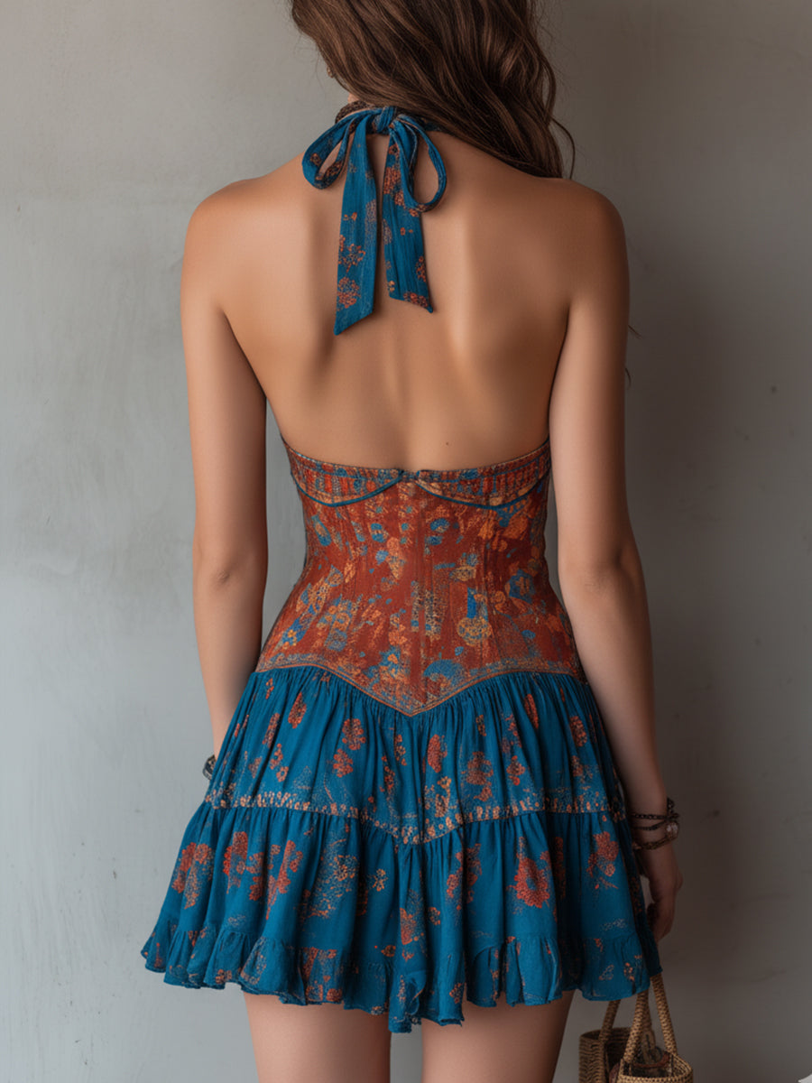 Halter-Neck Mini Dress With Ethnic Print And Ruffled Hem