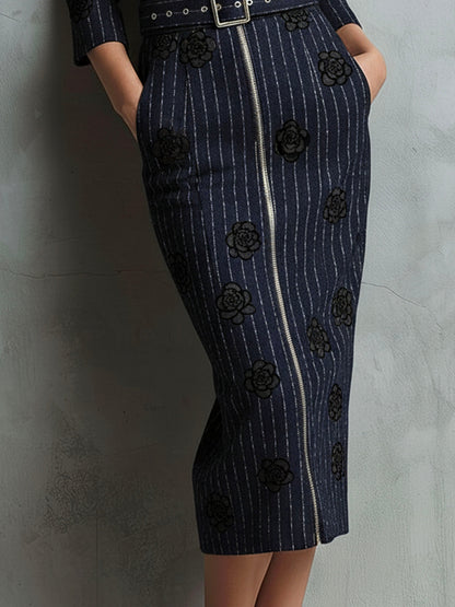 Navy Herringbone White Pinstripe Belted Midi Dress With Black Rose Flocked