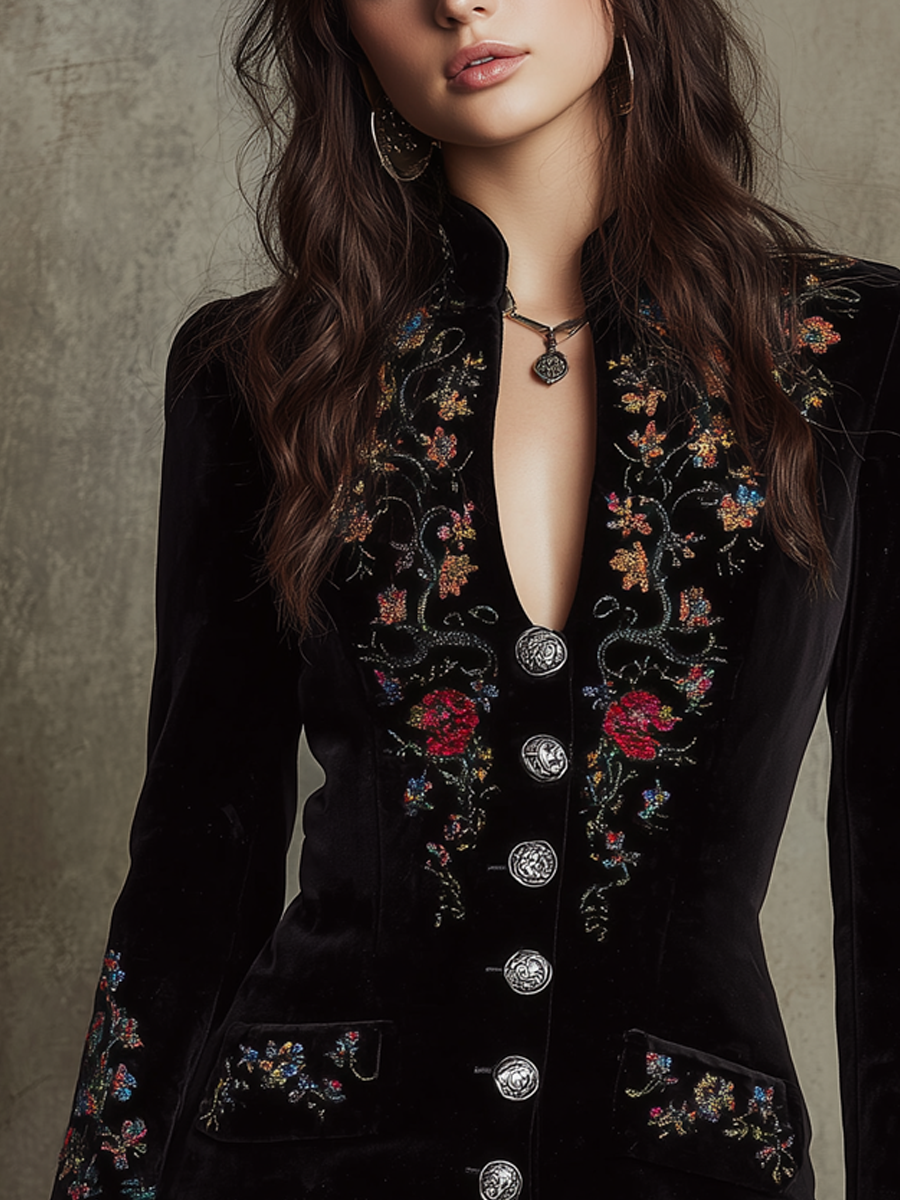 Retro Stand V Neck Embroidered Polyester Velvet Slim Mini Dress
