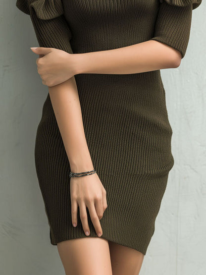 Olive Cold-Shoulder Ribbed Knit Mini Dress With Ruffled Trim