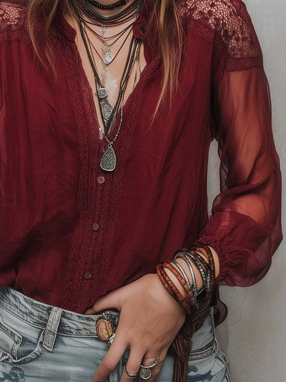 Retro Sheer Sleeves Lace Trim Chiffon Blouse