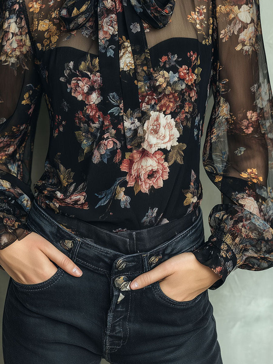 Retro Boho High Neck Bow Tie Black Floral Sheer Chiffon Blouse