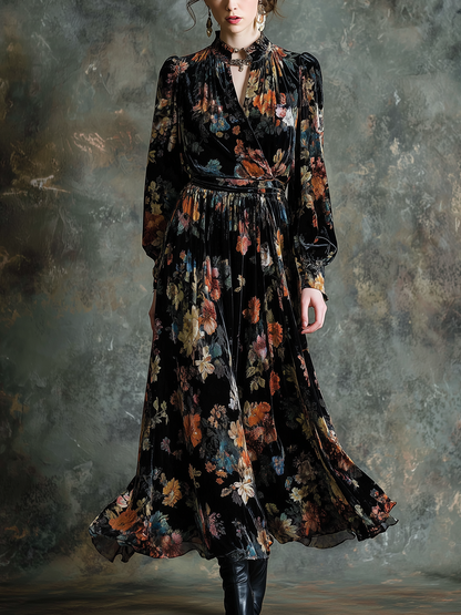 Retro Floral Round V Neck Velvet Midi Dress