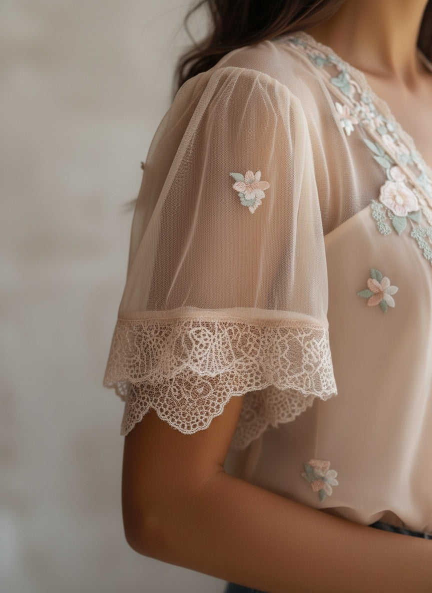 Elegant Floral Embroidered Sheer Blouse - Romantic V-Neck Tulle Top