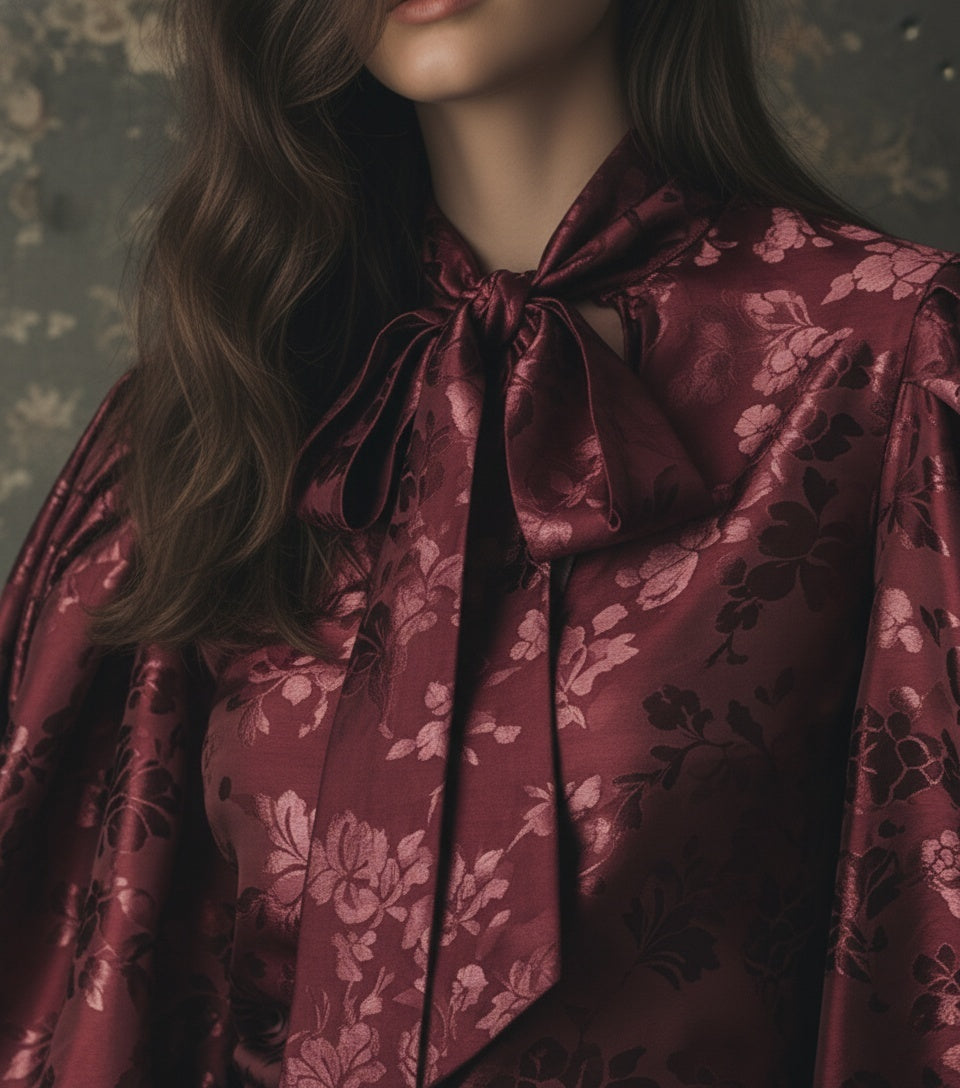 The Crimson Damask Puff-Sleeve Blouse