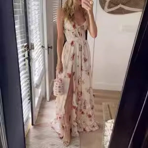 New Hot-selling Chiffon Print See-through Slit Suspender Dress