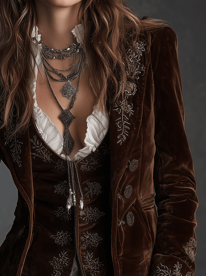 Vintage Brown Velvet Embroidered Blazer