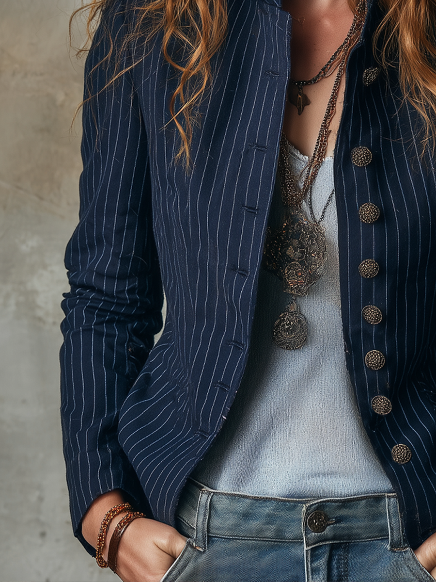 Retro Stand Collar Striped Long Sleeve Jacket