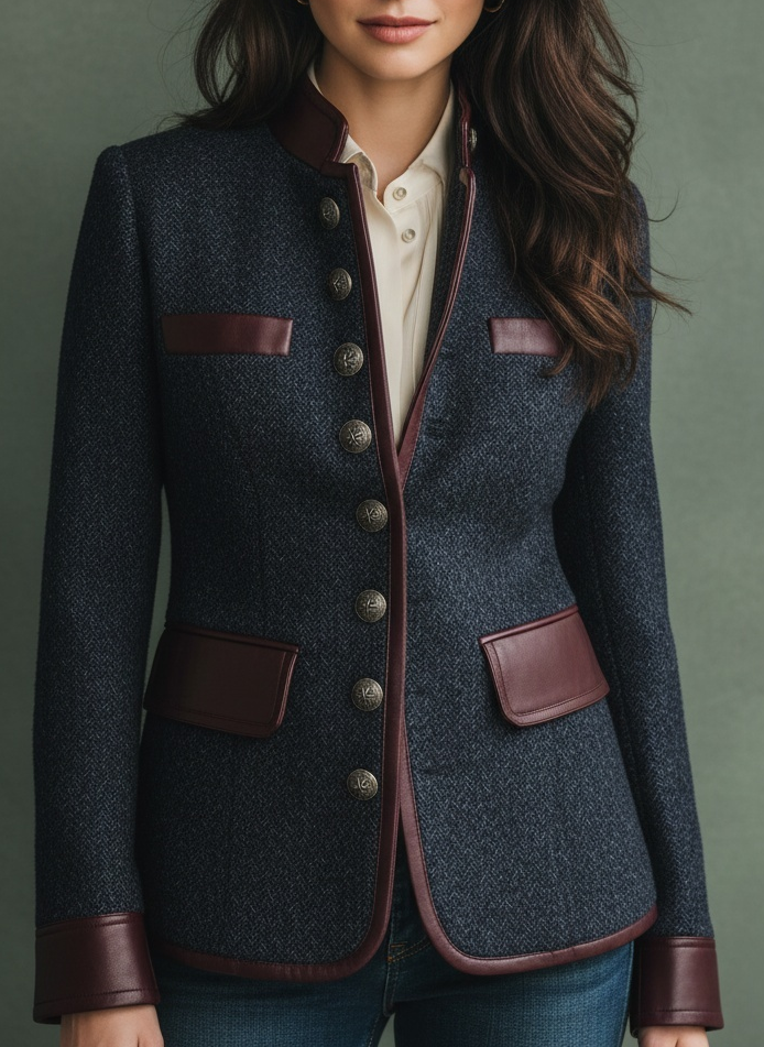 Navy Tweed Military-Style Jacket with Faux Leather Trim