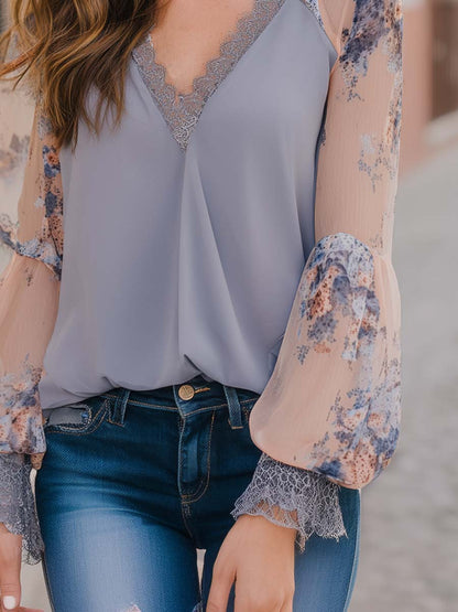 Vintage-style Lace-collar Chiffon Printed Blouse