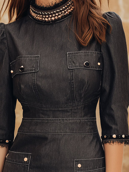 Vintage Beaded Denim Washed Pencil Mini Dress