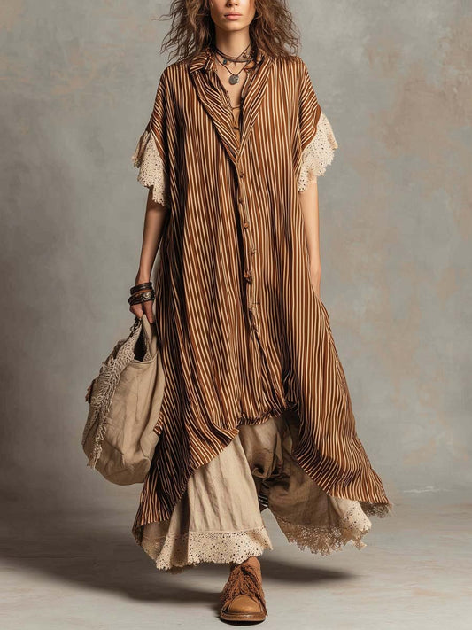 Bohemian Casual Striped Midi Dress With Linen Patchwork Hem.