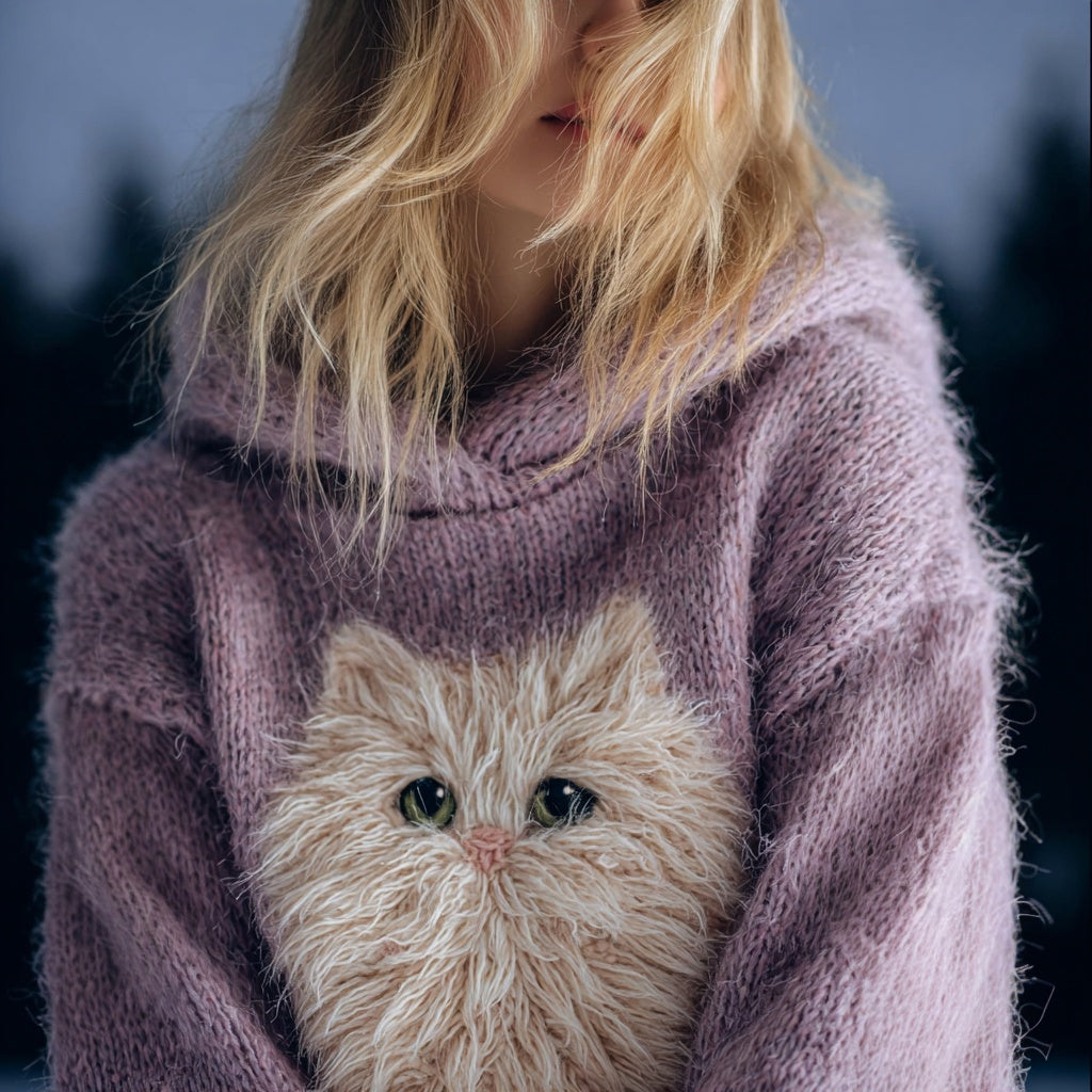 Cute Fuzzy Cat Embroidered Cozy Hooded Sweater