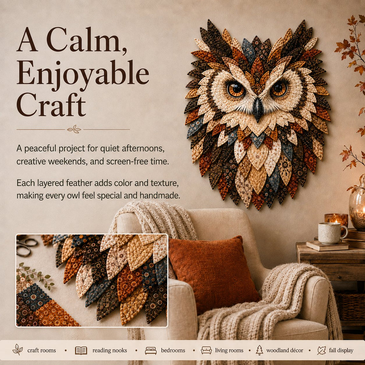 🦉 Layered Fabric Owl Wall Art DIY Kit – Complete Kit Included ✂ Pre-Cut Pieces • Glue or Stitch Your Way