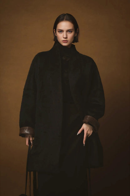 Luxury Ostrich-Texture Patchwork Wool-Blend Alpaca Coat for Women – Elegant Fall Winter Outerwear