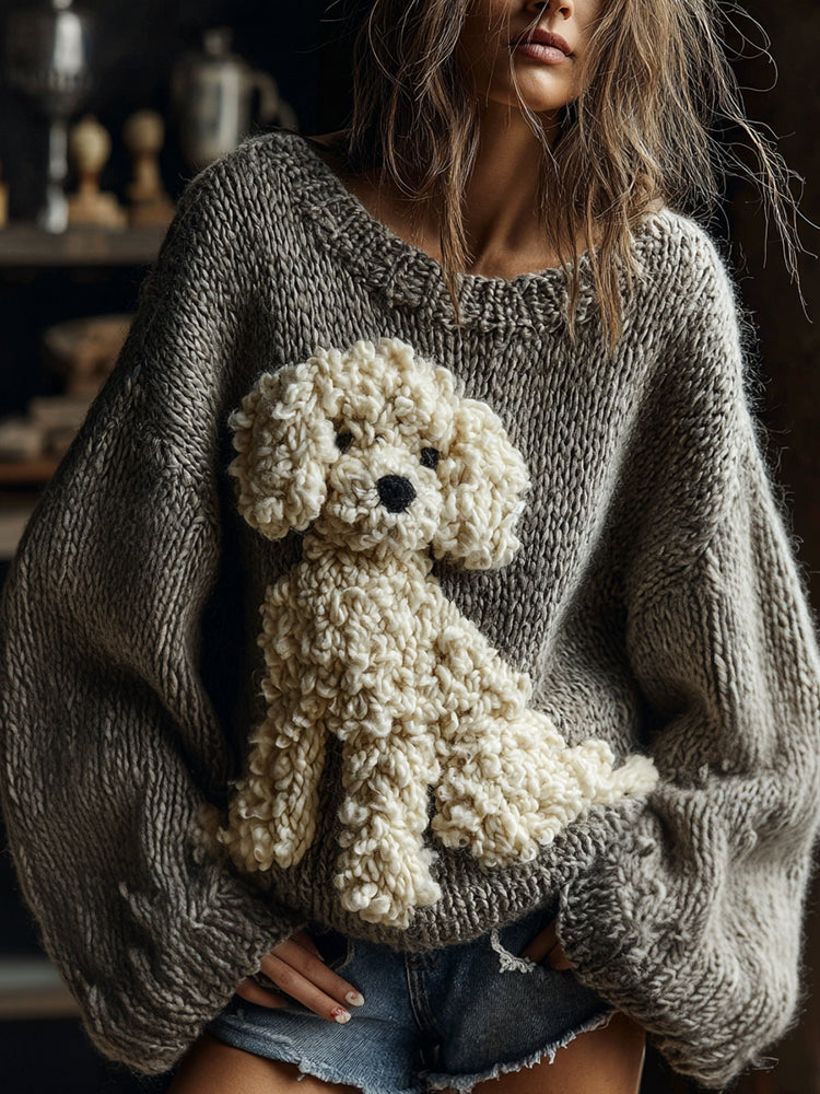 Cute Fuzzy Dog Embroidered Cozy Knit Sweater