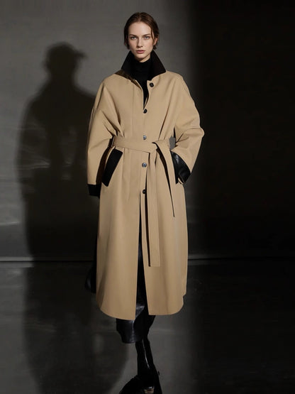 Barn-Style Chic Lambskin Leather Collar Trench Coat for Women – Gender-Neutral Long Autumn Overcoat with Unique Design