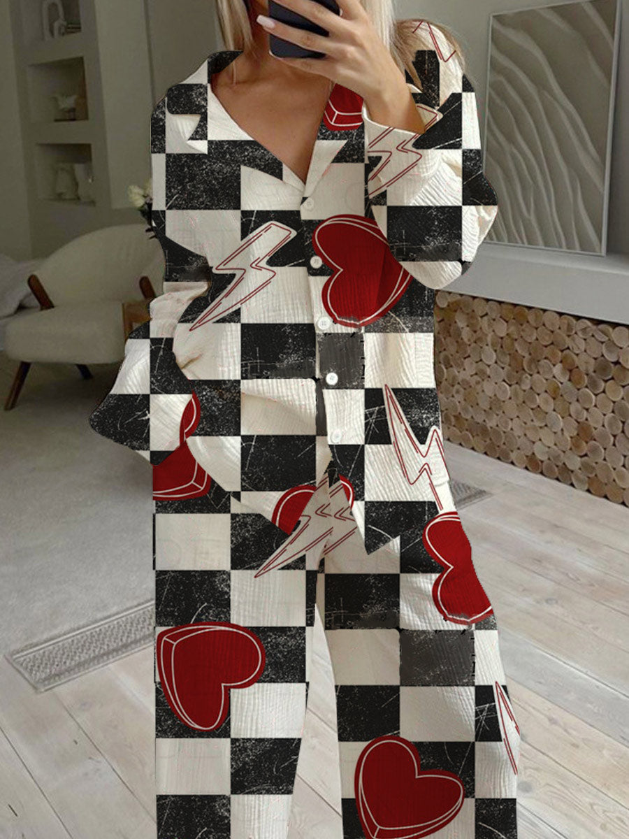 Women's Valentine's Day Heart Checkerboard Lightning Pattern Long Sleeve Pants Set