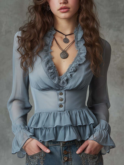 Ruffled V-Neck Chiffon Peplum Blouse