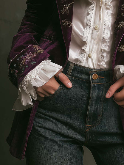 Vintage Plum Velvet Embroidered Blazer
