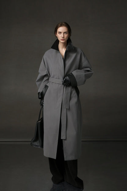 Barn-Style Chic Lambskin Leather Collar Trench Coat for Women – Gender-Neutral Long Autumn Overcoat with Unique Design