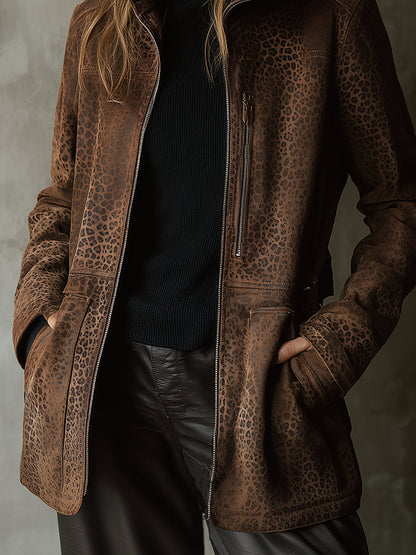 Vintage Distressed Suede Leopard Print Straight Jacket