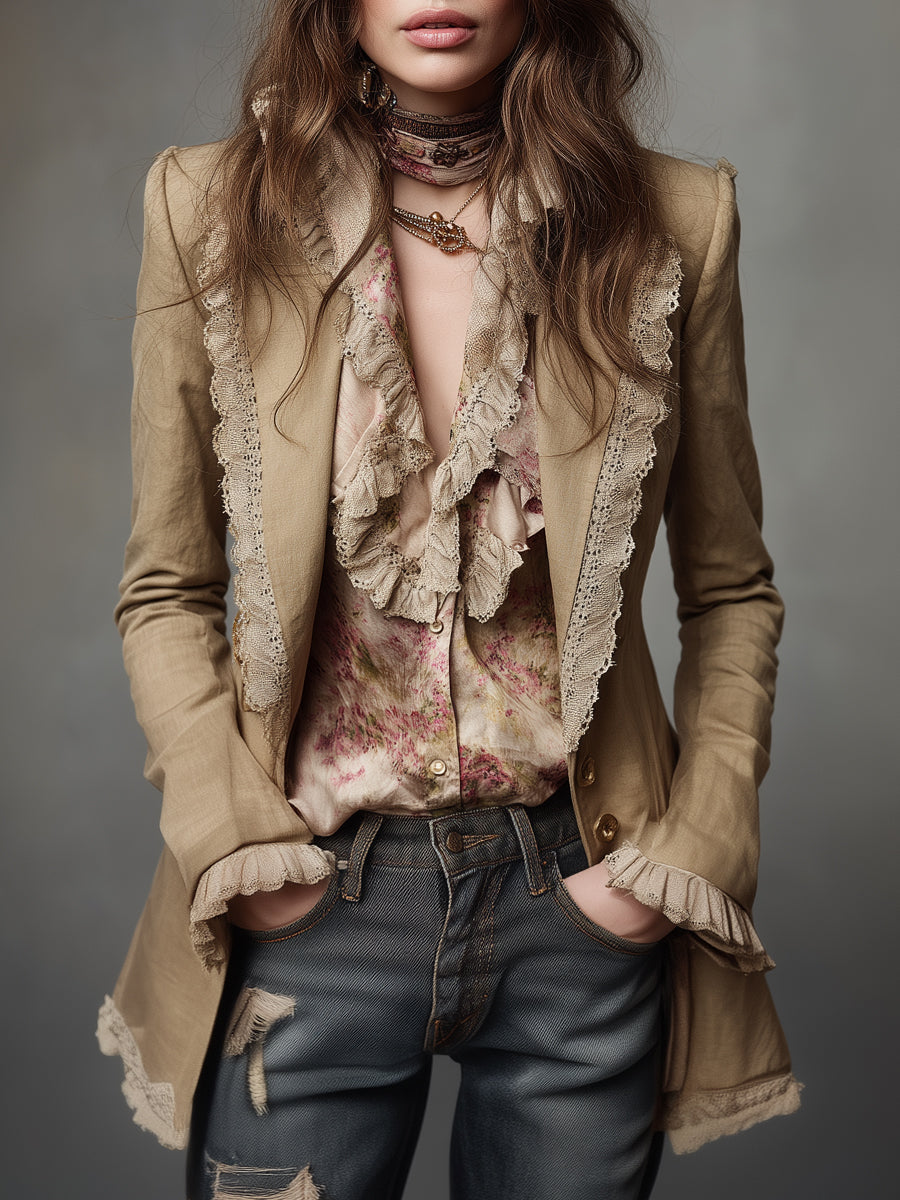 Bohemian Style Cotton And Linen Lapel Blazer With Lace Trim