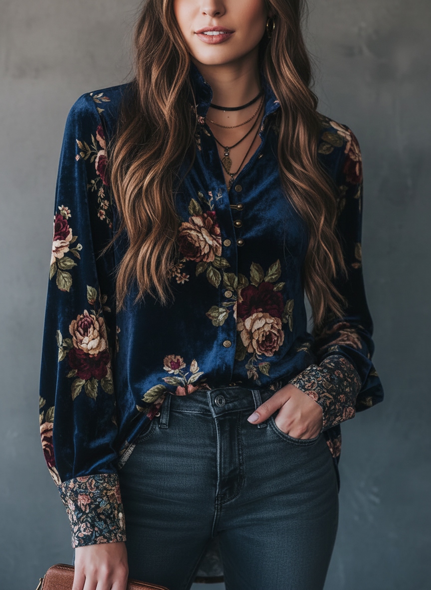 Retro Gold Velvet Floral Print Button-Up Blouse