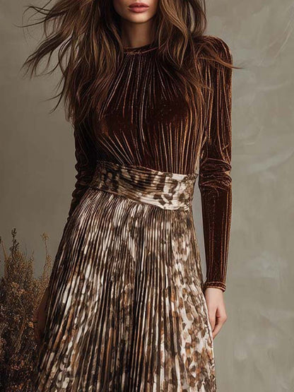 Velvet And Pleated Chiffon Patchwork Midi Dress With Earth-Tone Print