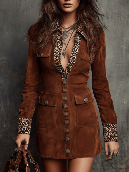 Vintage Suede With Leopard Trim Mini Dress