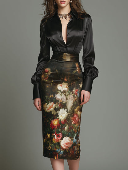 Elegant Satin Midi Dress With Oil Painting-style Floral Print