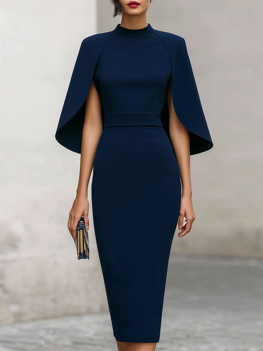 The Best-Dressed Guest | Elegant Navy Cape-Sleeve Wedding Guest Midi Dress