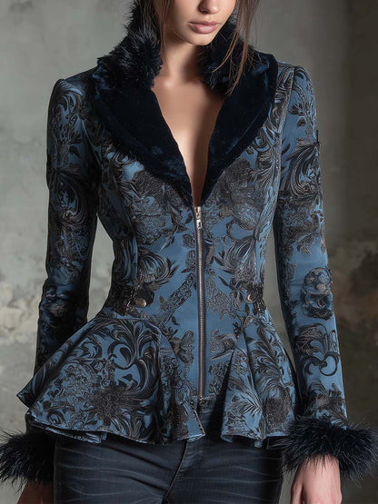 Baroque Floral Print Peplum Jacket
