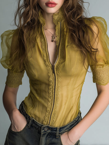 Victorian Lace Trim Zip Front Short Sleeve Blouse