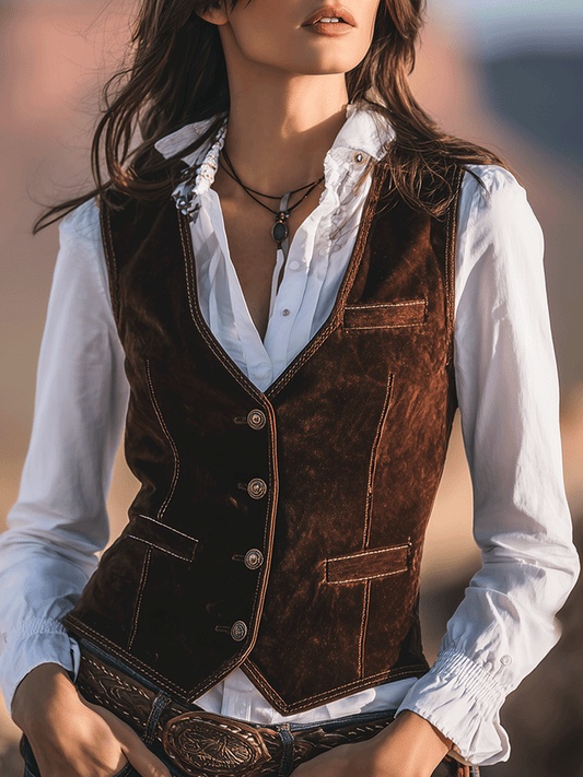 Country Western Cowboy Brown Slim Fit Faux Suede Vest