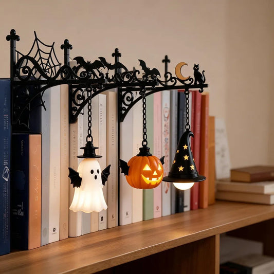 Halloween Hanging Bookshelf Light – Ghost, Pumpkin & Witch Hat LED Shelf Décor