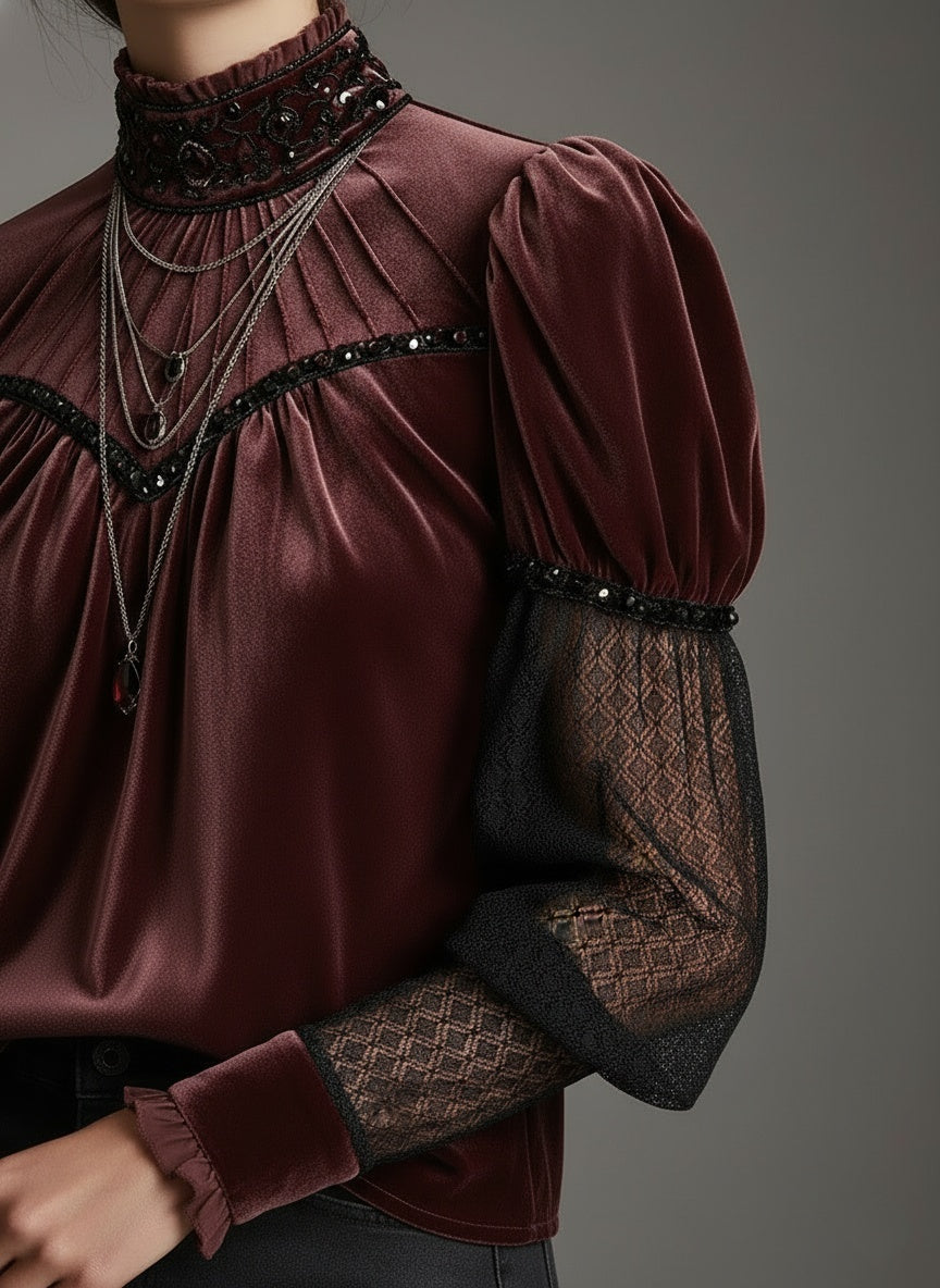 Elegant Velvet & Lace Embellished High-Neck Blouse